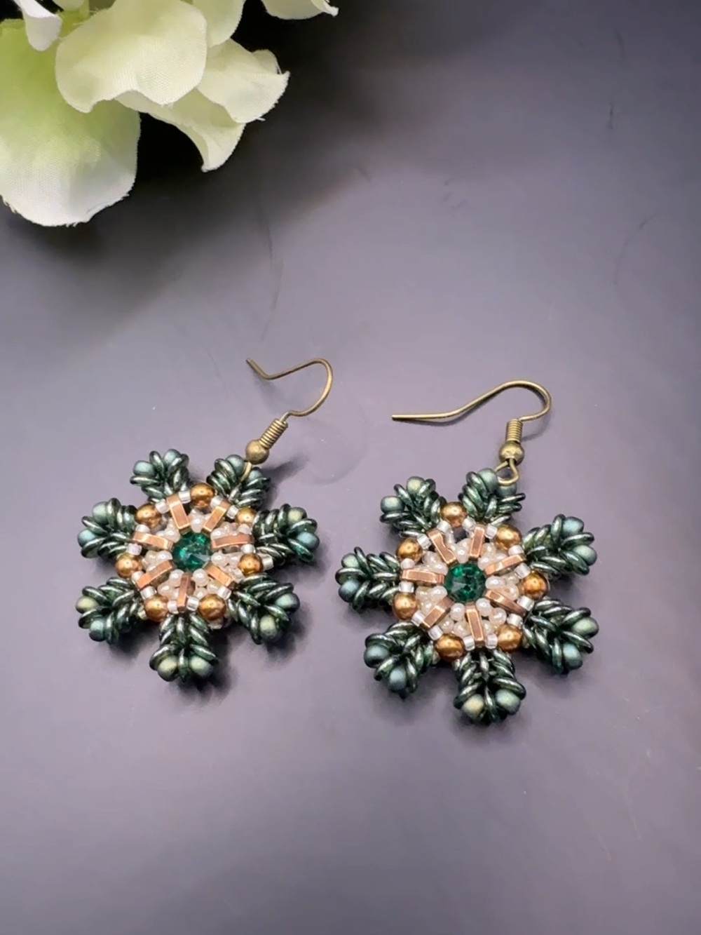Green Floral Crystal Drop Earrings with Gold Accents 25 $ each